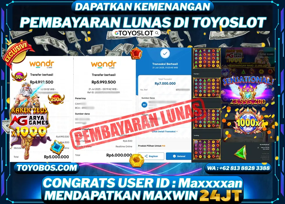 TOYOSLOT - BUKTI KEMENANGAN KAKEK ZEUS x1000 ARYA GAMES Rp24,000,000,- LUNAS
